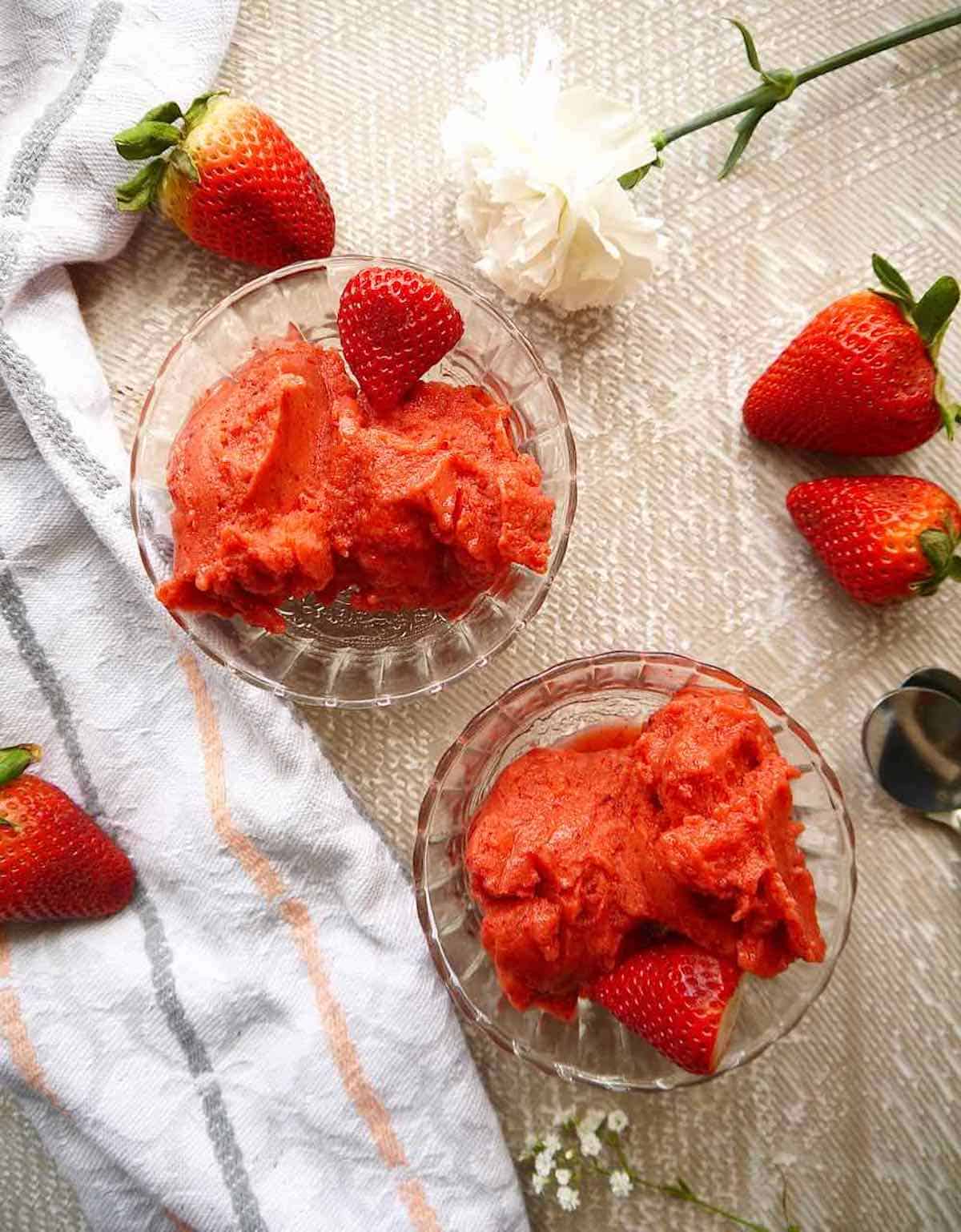 Frozen fruit sorbet made with strawberries and mango.