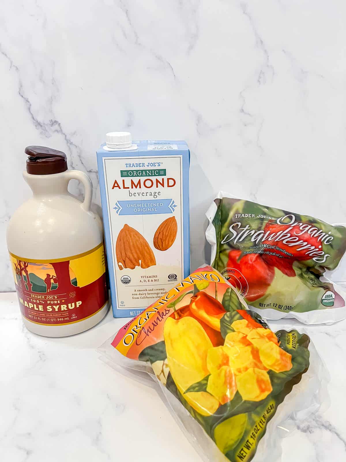 Ingredients needed to make strawberry mango sorbet.