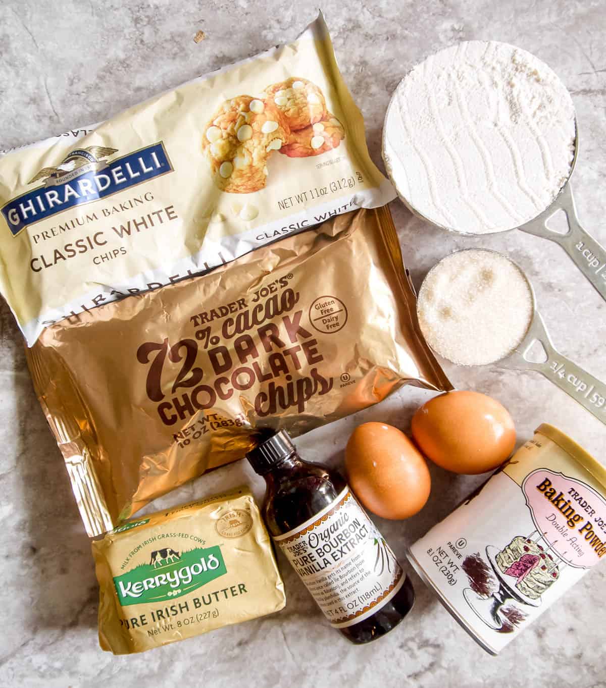 Ingredients needed to make white chocolate brownies.