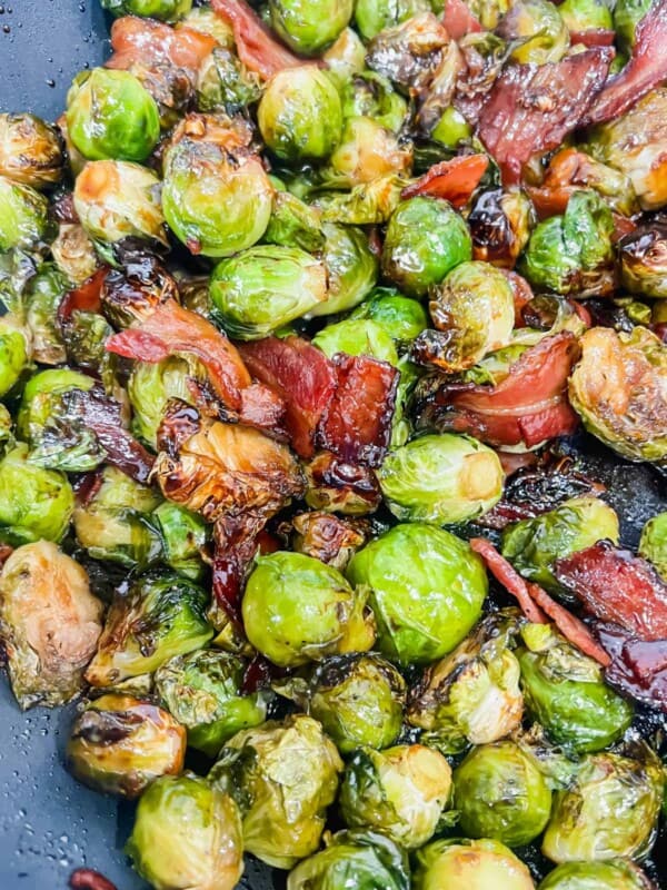 Maple bacon brussels sprouts in a frying pan.