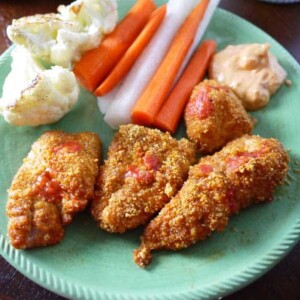 Paleo Buffalo Chicken Strips w/ Whipped Goat Cheese Dipping Sauce (GF) | Perchance to Cook