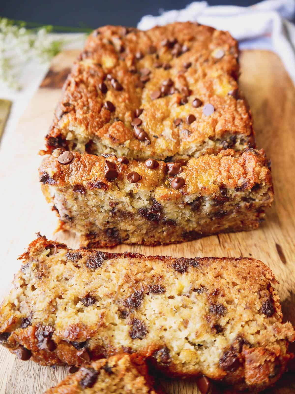 Dairy free chocolate chip banana bread that is sliced.