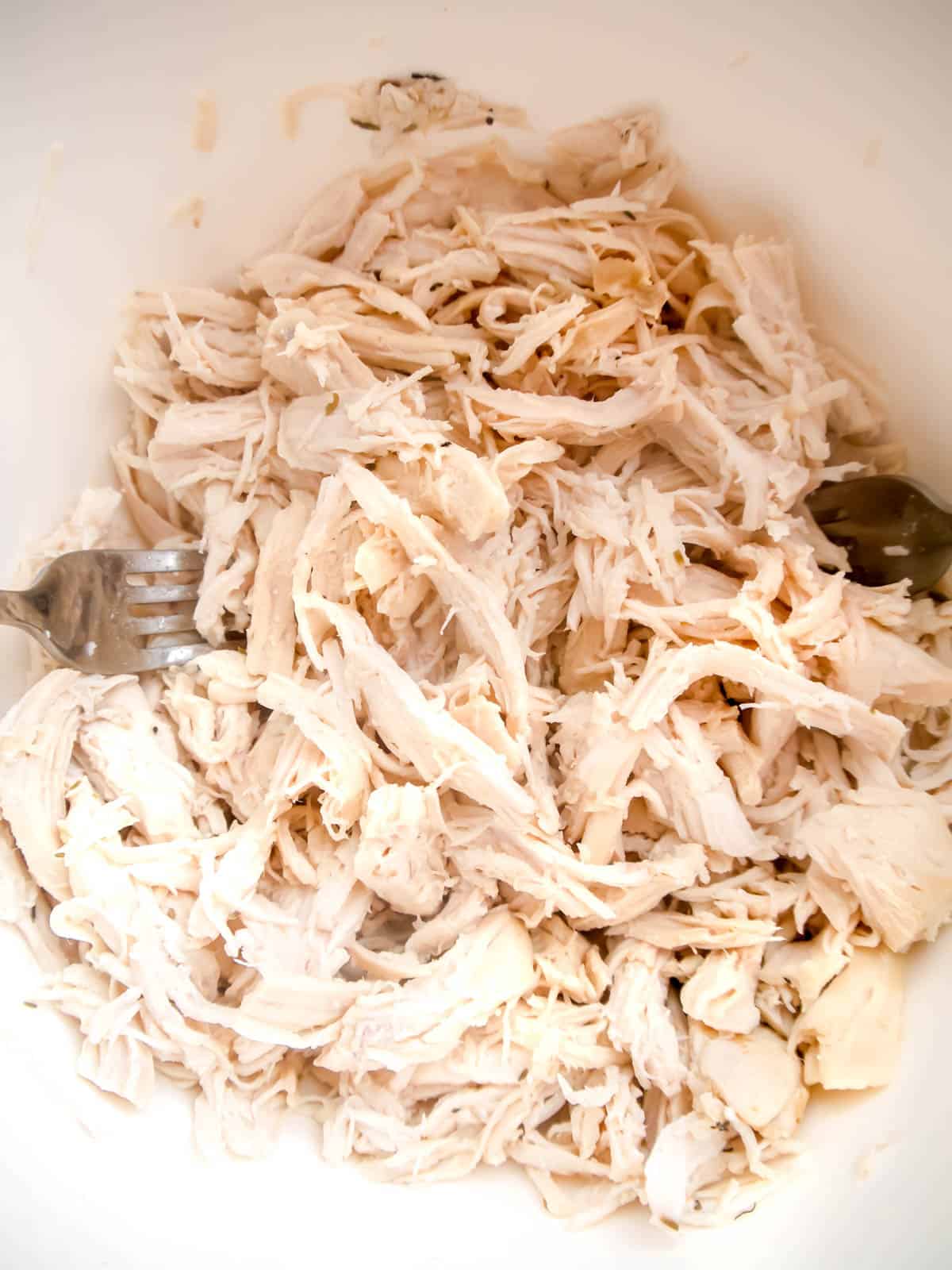 Shredded chicken in a bowl.