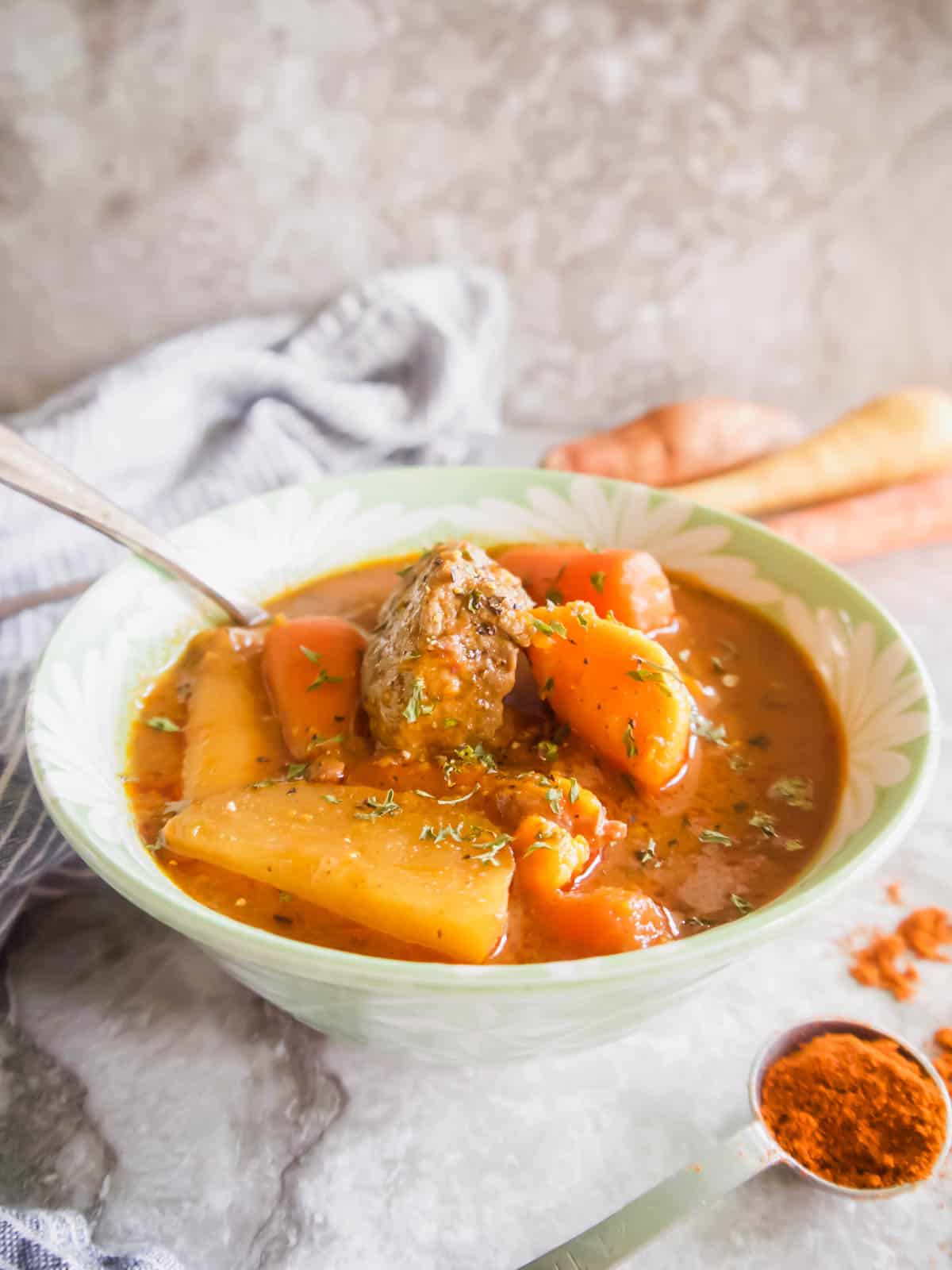 Slow cooker hungarian goulash in a bowl.