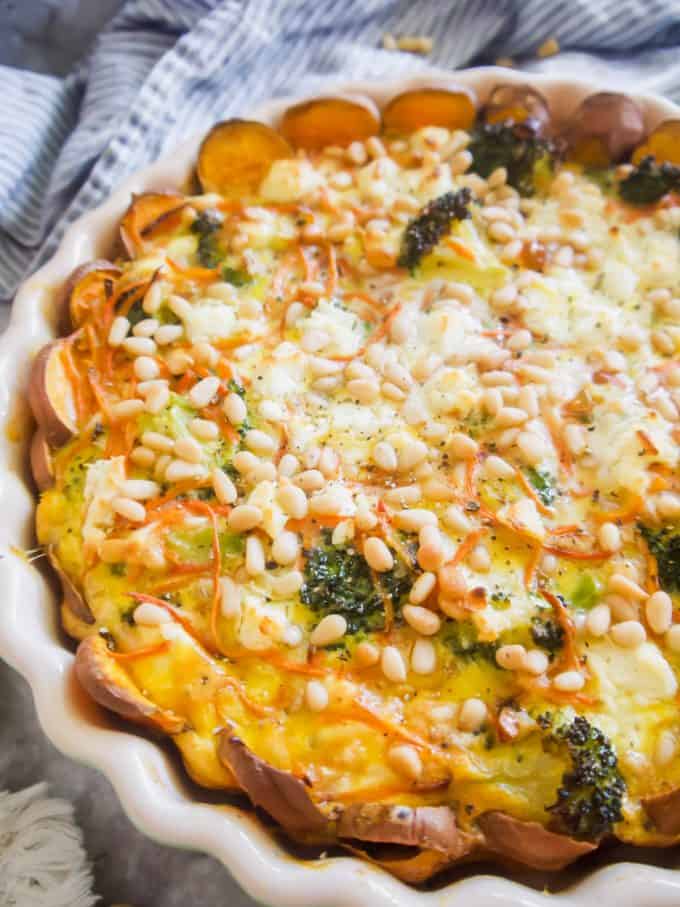 Carrot Broccoli Pine Nut and Goat Cheese Quiche with a Sweet Potato Crust (Gluten-Free)