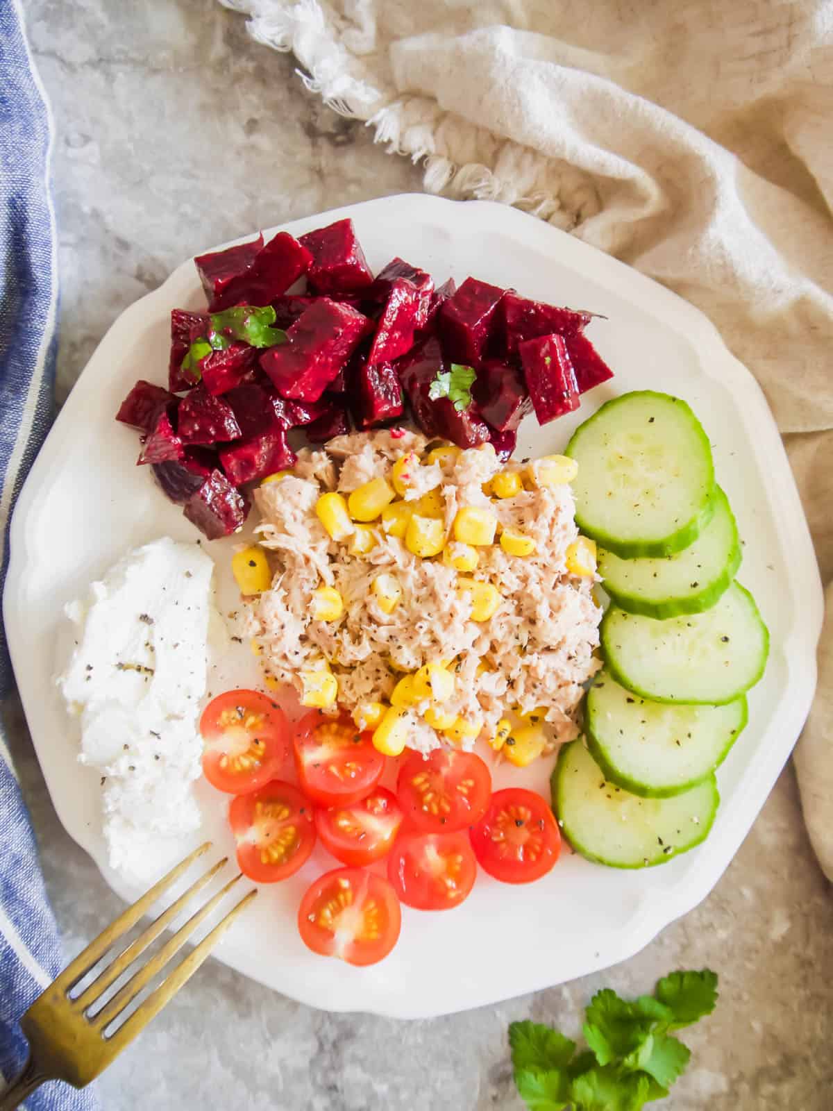 A plate full of salads, such as French beetroot salad.