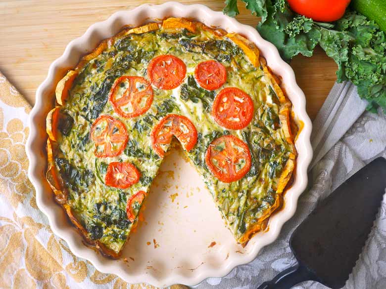 Zucchini and Kale Quiche with a Sweet Potato Crust (Paleo, GF)