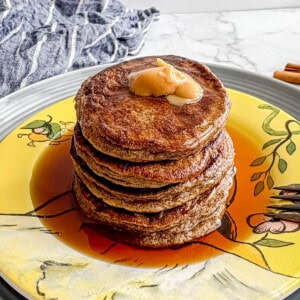 A stack of chia flax protein pancakes.
