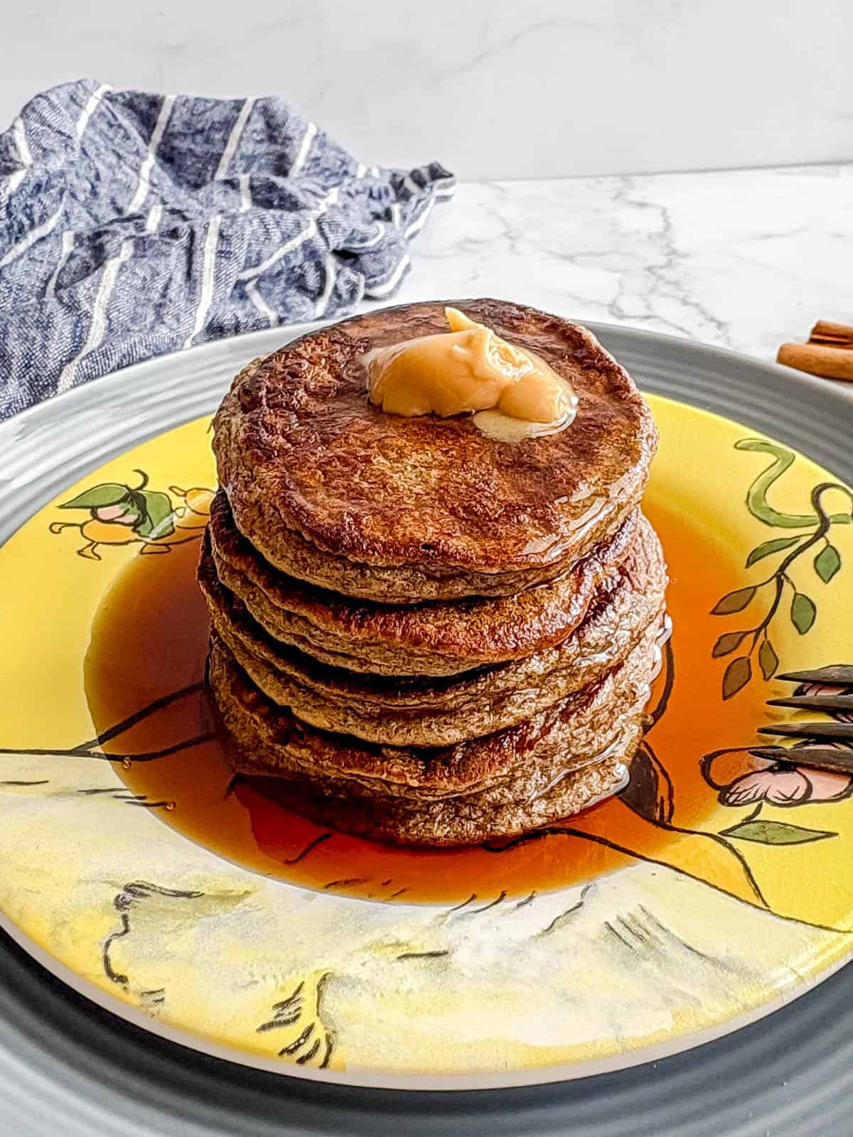 A stack of chia flax protein pancakes.