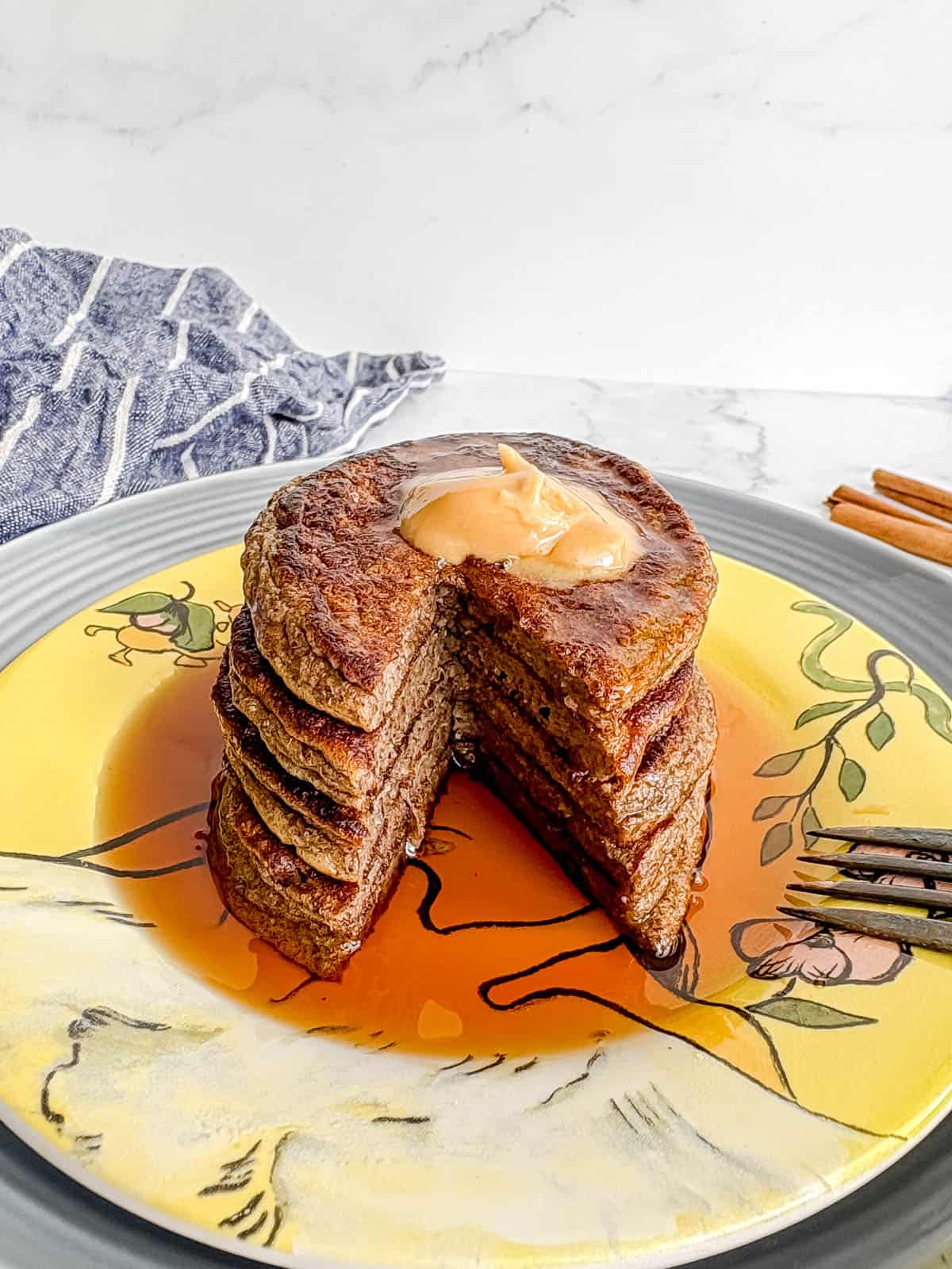 Chia flax protein pancakes cut into them.