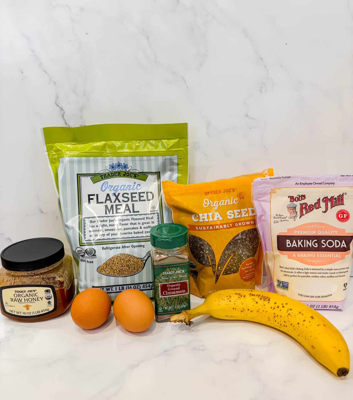 Ingredients needed to make chia flax protein pancakes.