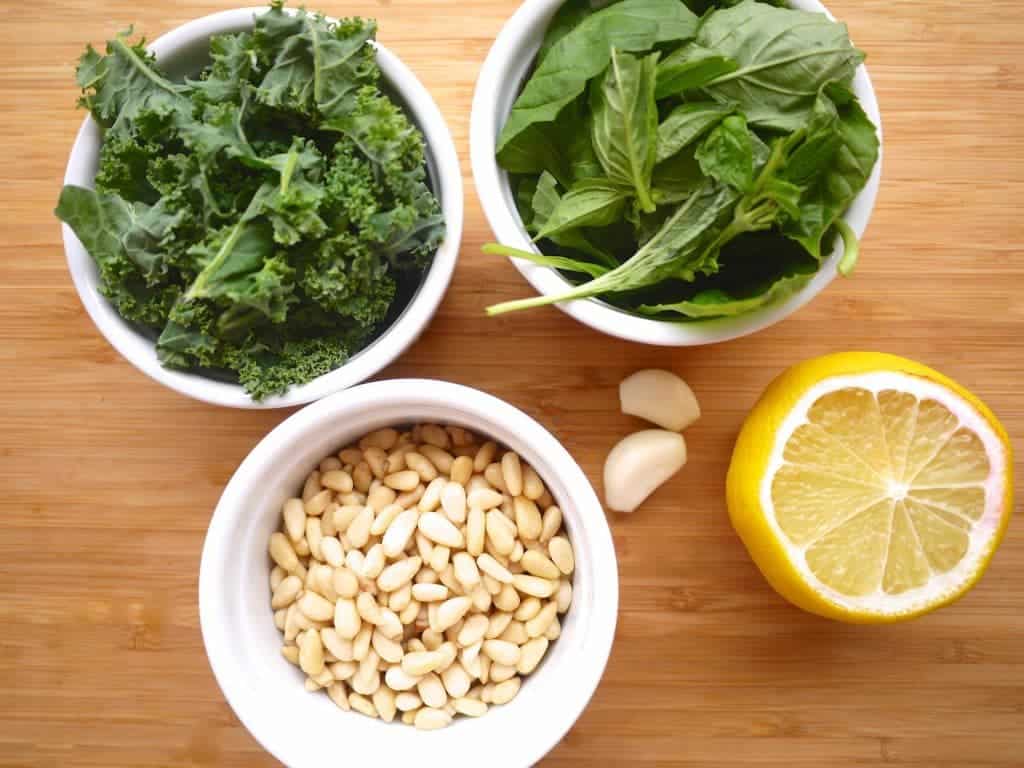 Ingredients needed to make pesto zoodles.