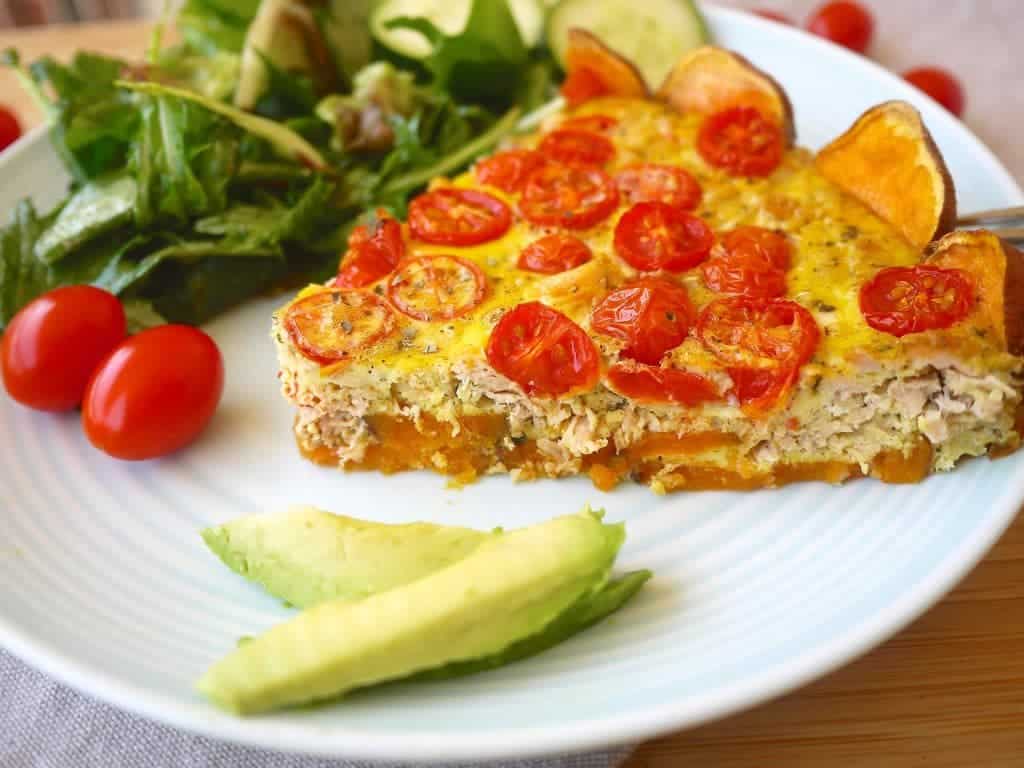 French Tomato, Tuna, & Mustard Quiche-- a refined Paleo quiche made with a sweet potato crust. | Perchance to Cook 