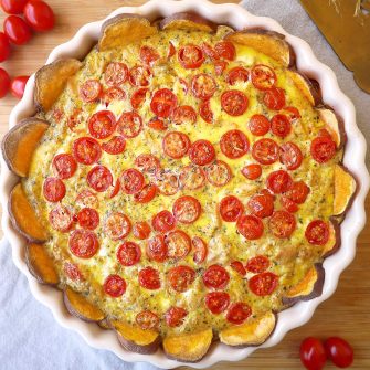 French Tomato, Tuna, & Mustard Quiche-- a refined Paleo quiche made with a sweet potato crust. | Perchance to Cook