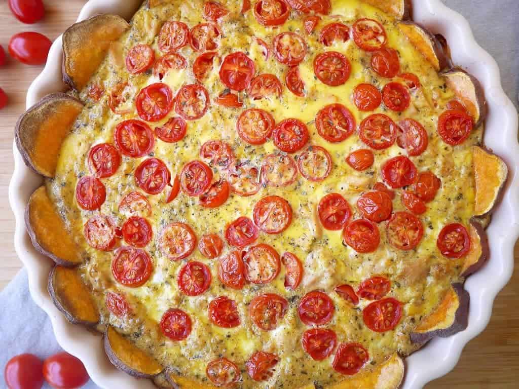 French Tomato, Tuna, & Mustard Quiche-- a refined Paleo quiche made with a sweet potato crust. | Perchance to Cook 