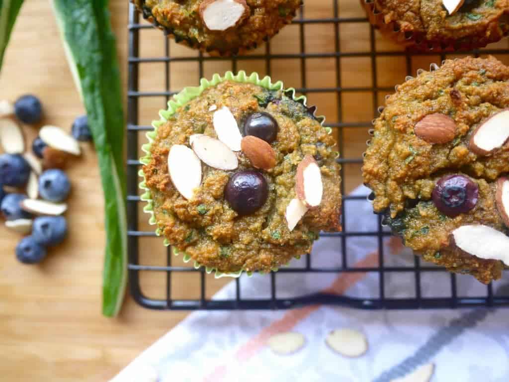 Grain-free Blueberry-Banana Kale Muffins-- a delicious way to get more superfoods in your diet! | Perchance to Cook 
