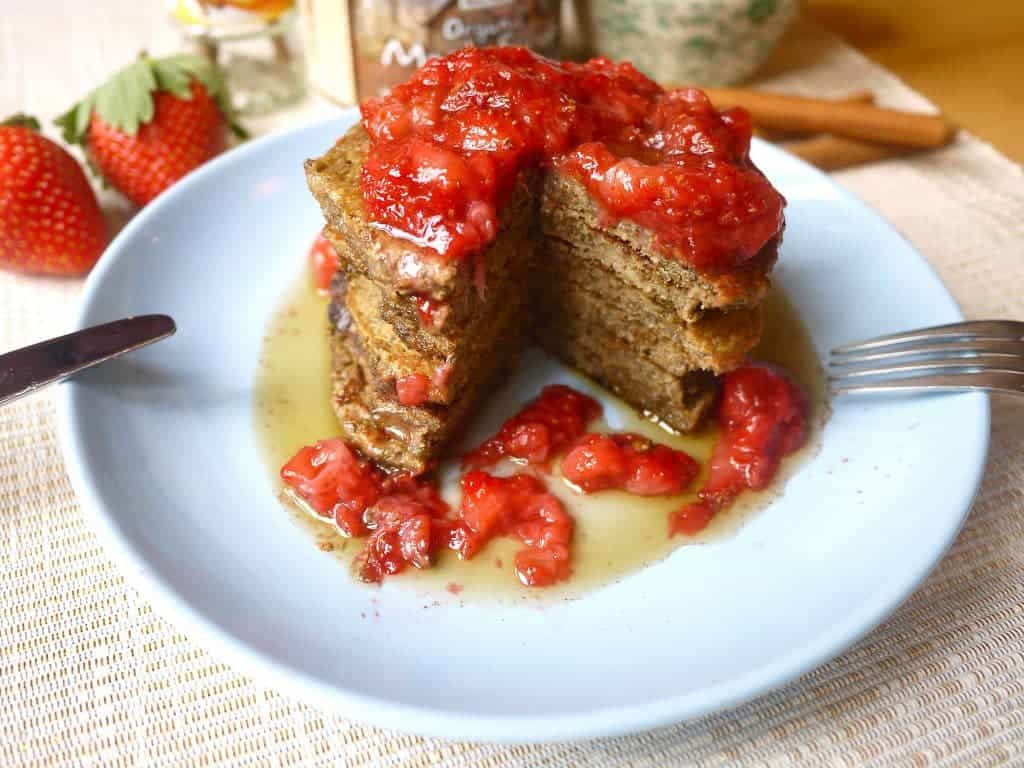 Chia Matcha Pancakes with Strawberry Maple Coulis (paleo, GF)| Perchance to Cook, www.perchancetocook.com