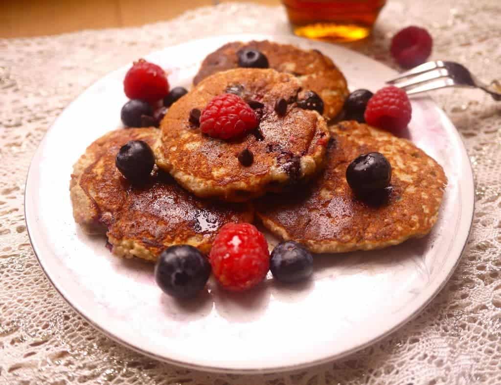 Raspberry, Blueberry, and Chocolate Chip Paleo Pancakes (GF)- the BEST Paleo pancakes around :) | Perchance to Cook, www.perchancetocook.com