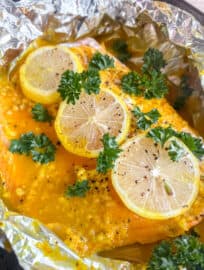 Baked lemon ginger turmeric salmon in foil.