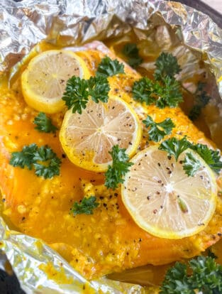 Baked lemon ginger turmeric salmon in foil.