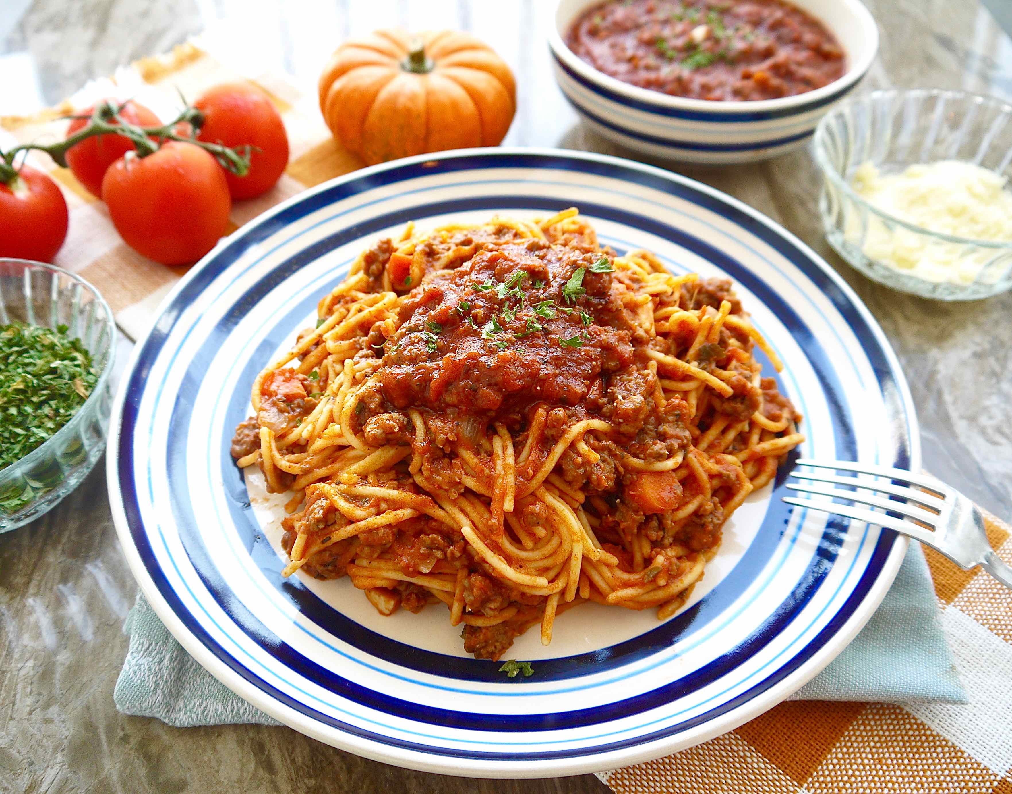 Pumpkin tomato sauce with ground beef on a plate.
