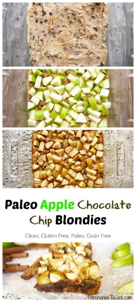 These Paleo Apple Chocolate Chip Blondies (GF) are like a chocolate chip cookie cake topped with tart crisp apples! |Perchance to Cook, www.perchancetocook.com