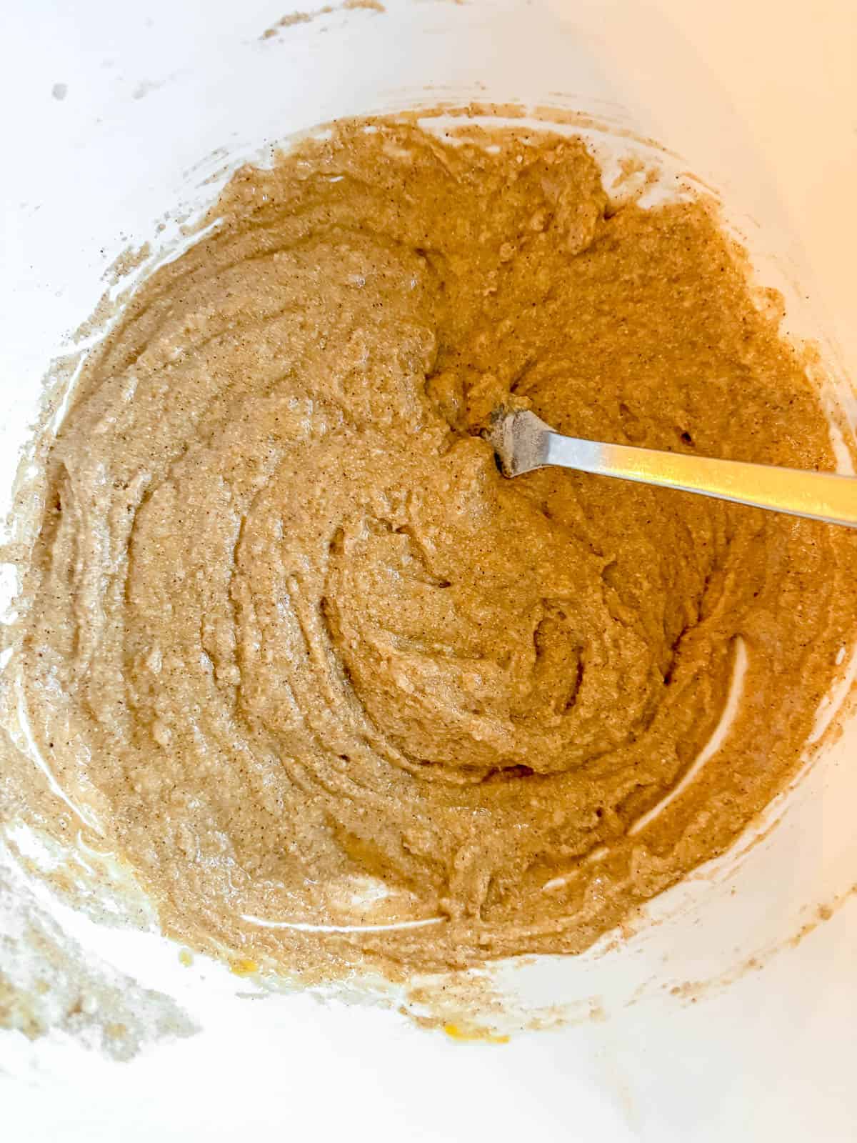 Chestnut flour coffee cake batter in a bowl.