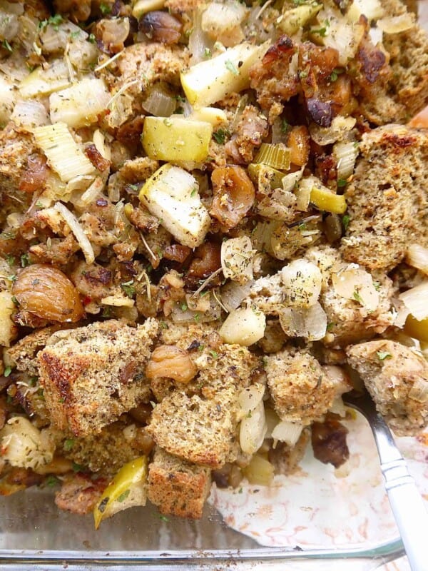 Paleo Sausage, Apple, and Chestnut Stuffing (GF) | Perchance to Cook, www.perchancetocook.com