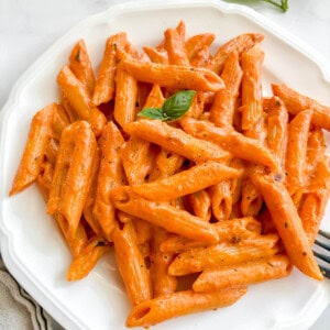 Dairy-free vodka sauce with penne on a plate.