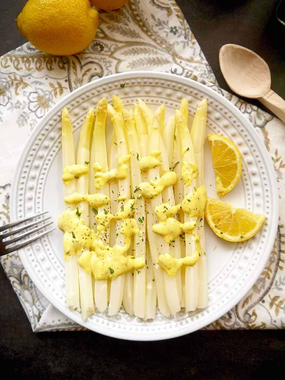 White Asparagus with a Provençal Lemon Mustard Mayo (Paleo, GF) | Perchancetocook, www.perchancetocook.com