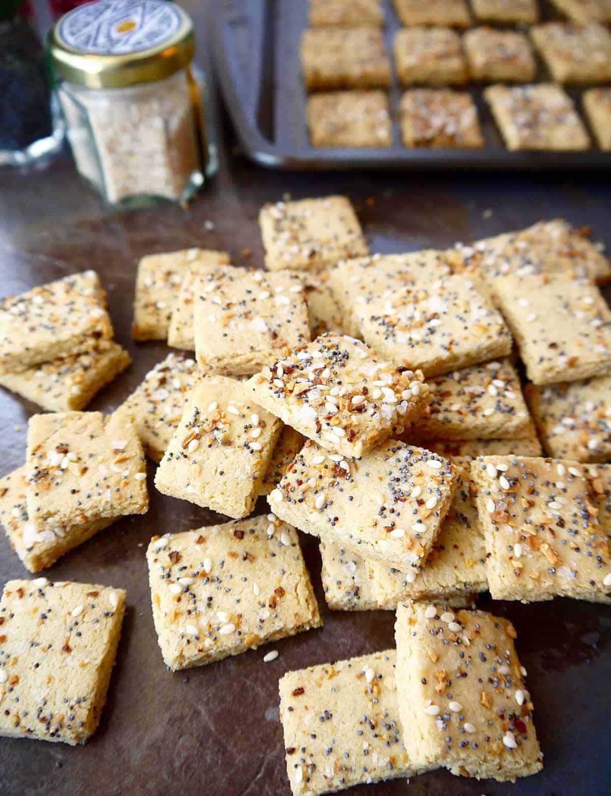 Almond Flour Crackers Recipe stacked on top of each other. 