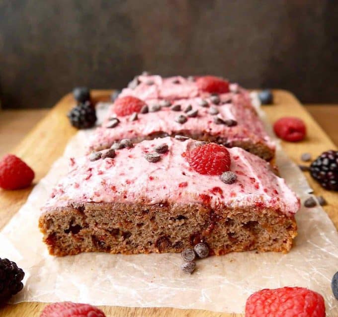 Small Paleo Raspberry Chocolate Chip Cake with Raspberry Frosting | Perchance to Cook, www.perchancetocook.com