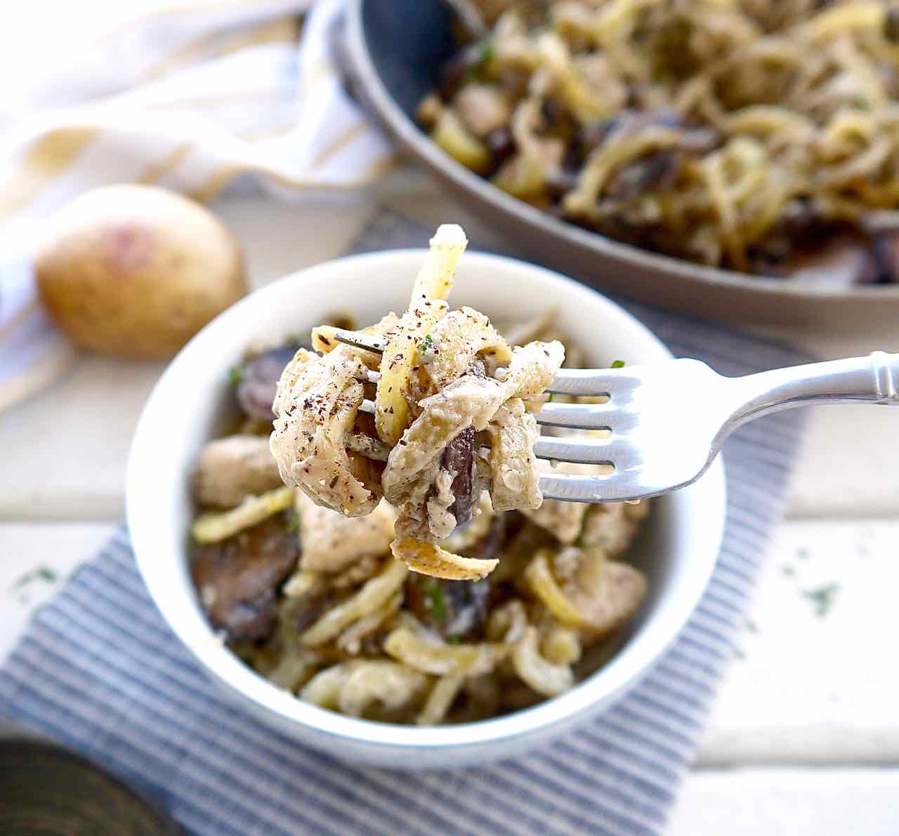 Whole30 casserole with mushrooms, chicken and potatoes.