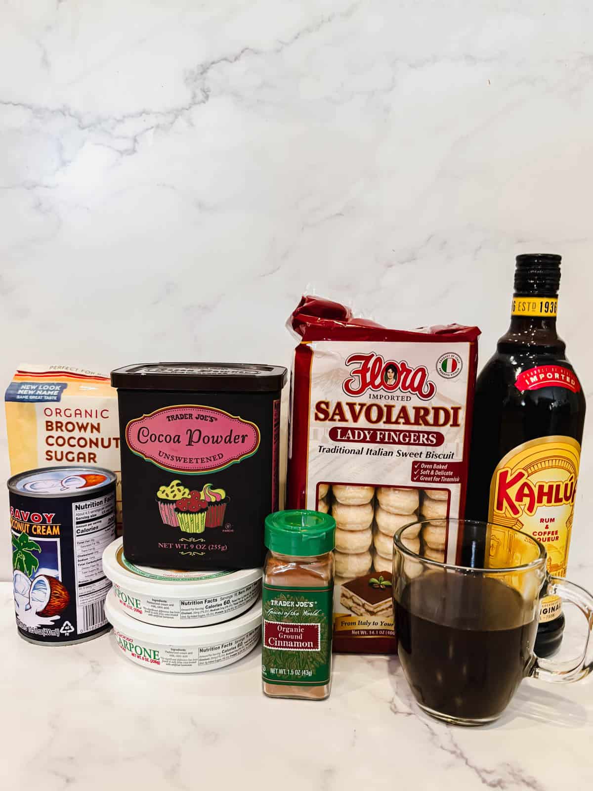 Ingredients needed to make coconut cream tiramisu.