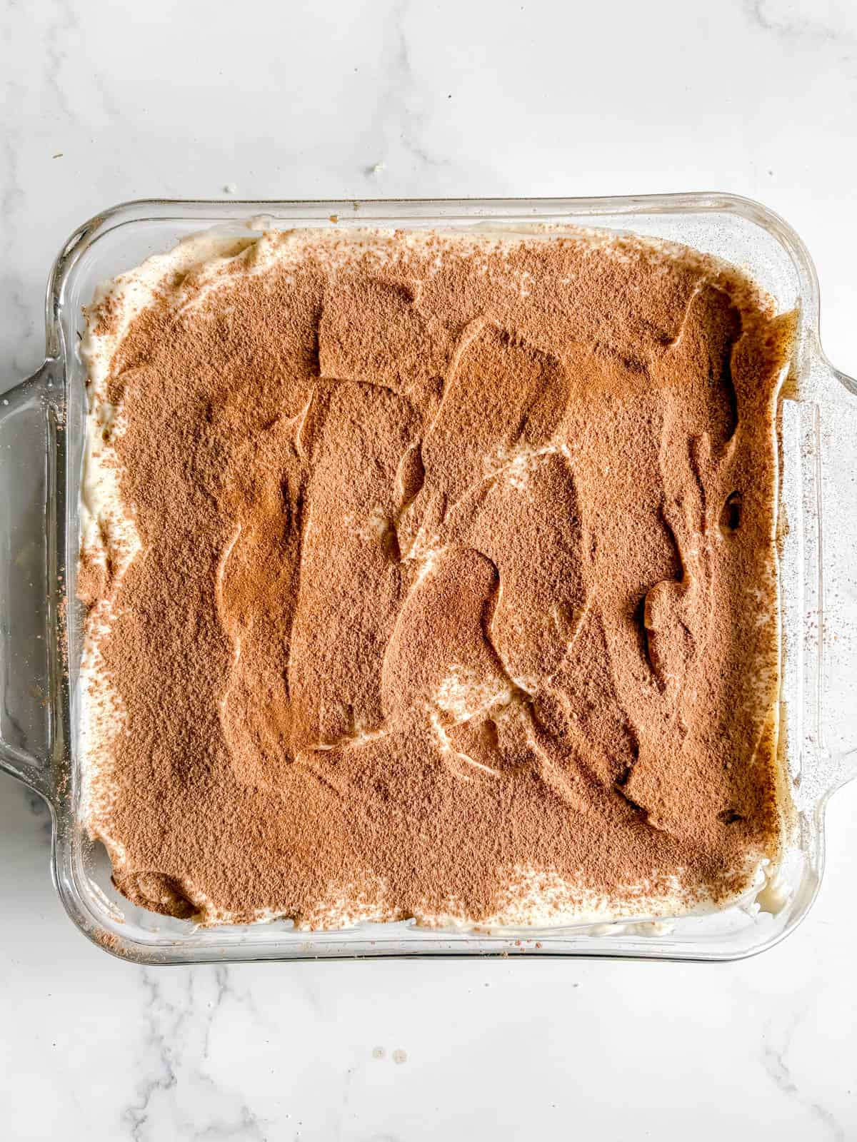 Cocoa powder and cinnamon sprinkled on top of coconut cream tiramisu.