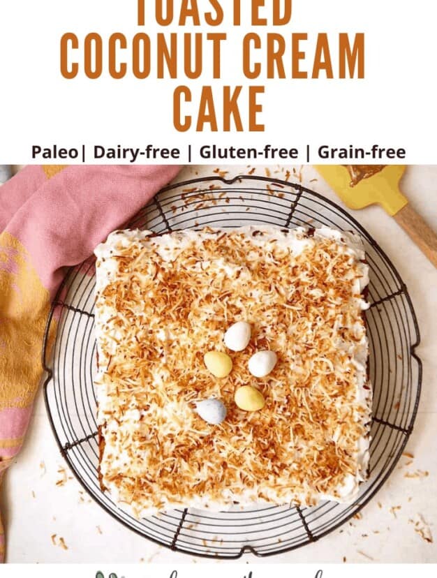 A delicious grain-free, Paleo, Gluten-free, dairy-free coconut cake recipe full of toasted coconut inside and out! It is made with almond flour, arrowroot flour, and coconut flour and is topped in a coconut cream frosting.