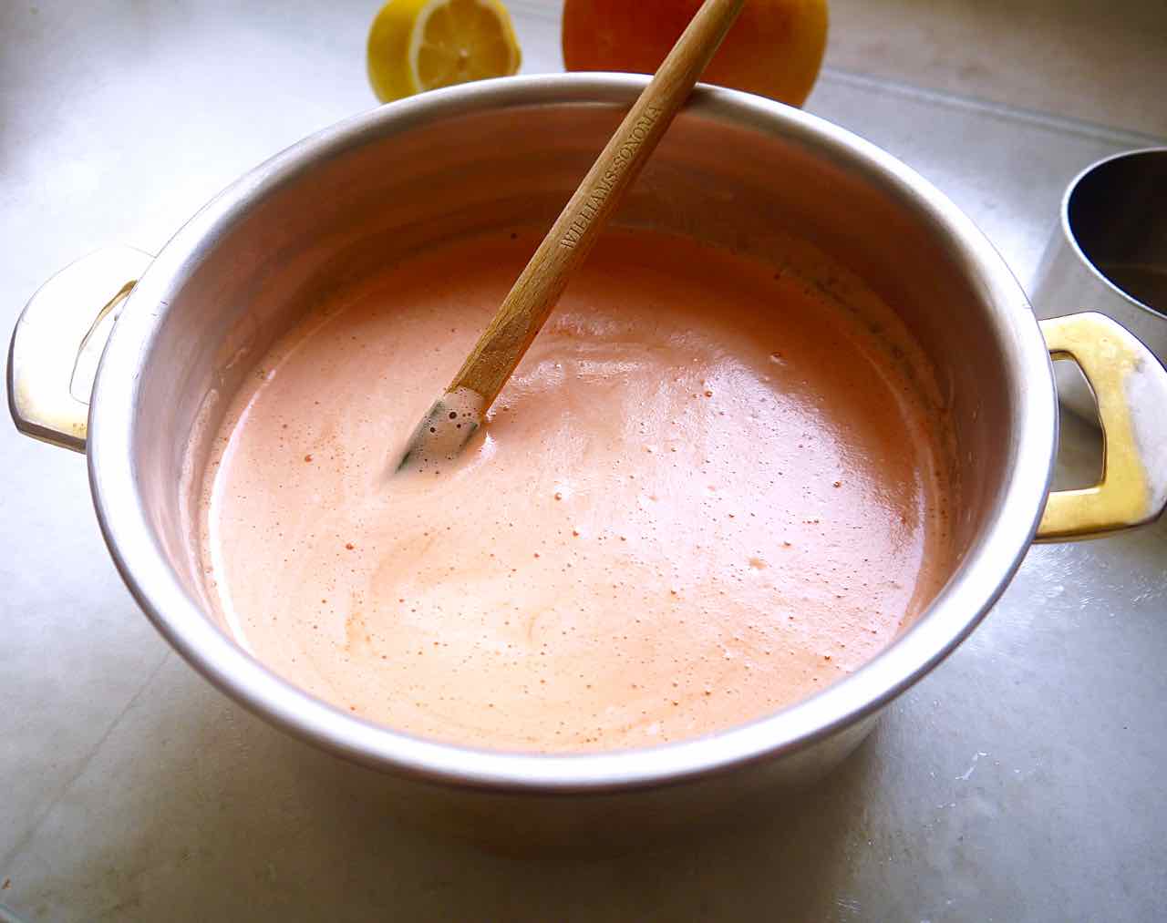 Grapefruit sorbet mixture cooking.