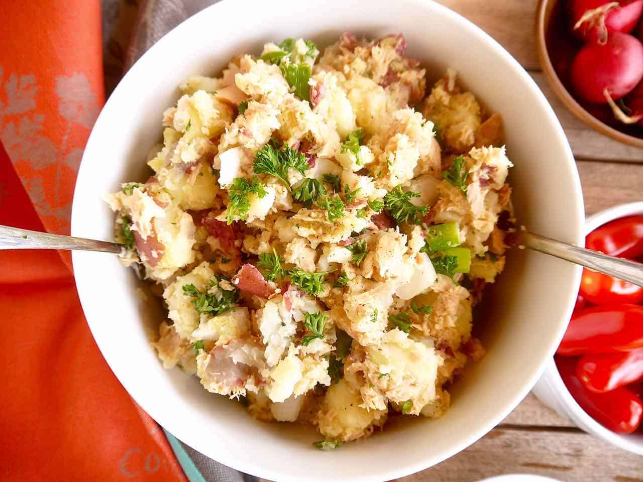 Tuna potato salad in a large bowl.