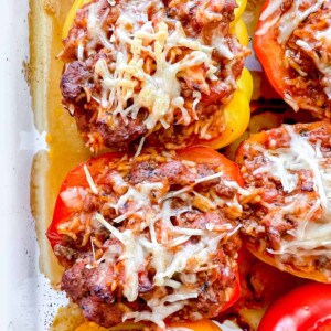 Healthy Stuffed Peppers with Ground Beef and Rice in a pan fresh out of the oven.
