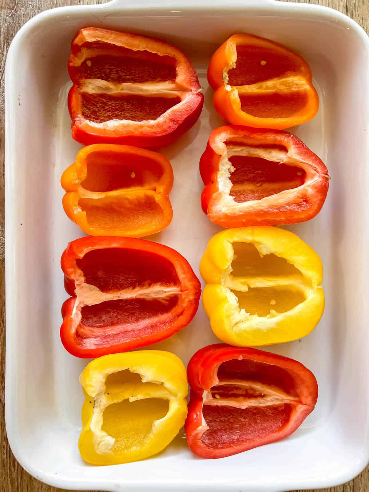 Bell peppers on a pan.