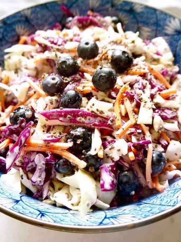 Healthy coleslaw made with blueberries and chia seeds.