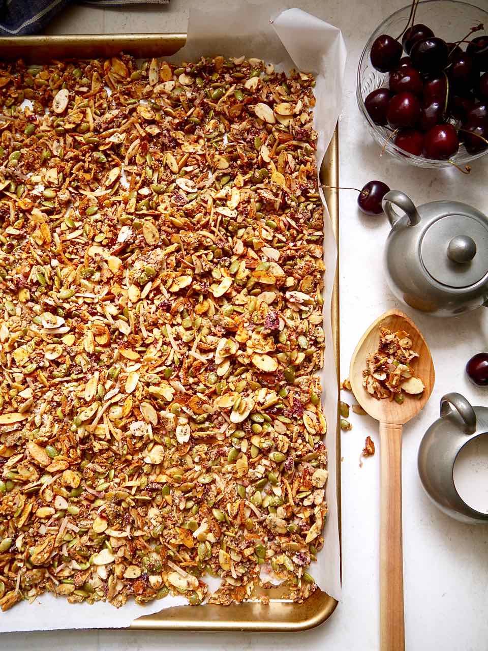Cherry granola on a pan.