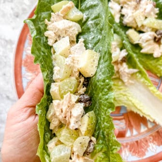 Healthy Rotisserie Chicken Salad Lettuce Wrap being held in someone's hands.
