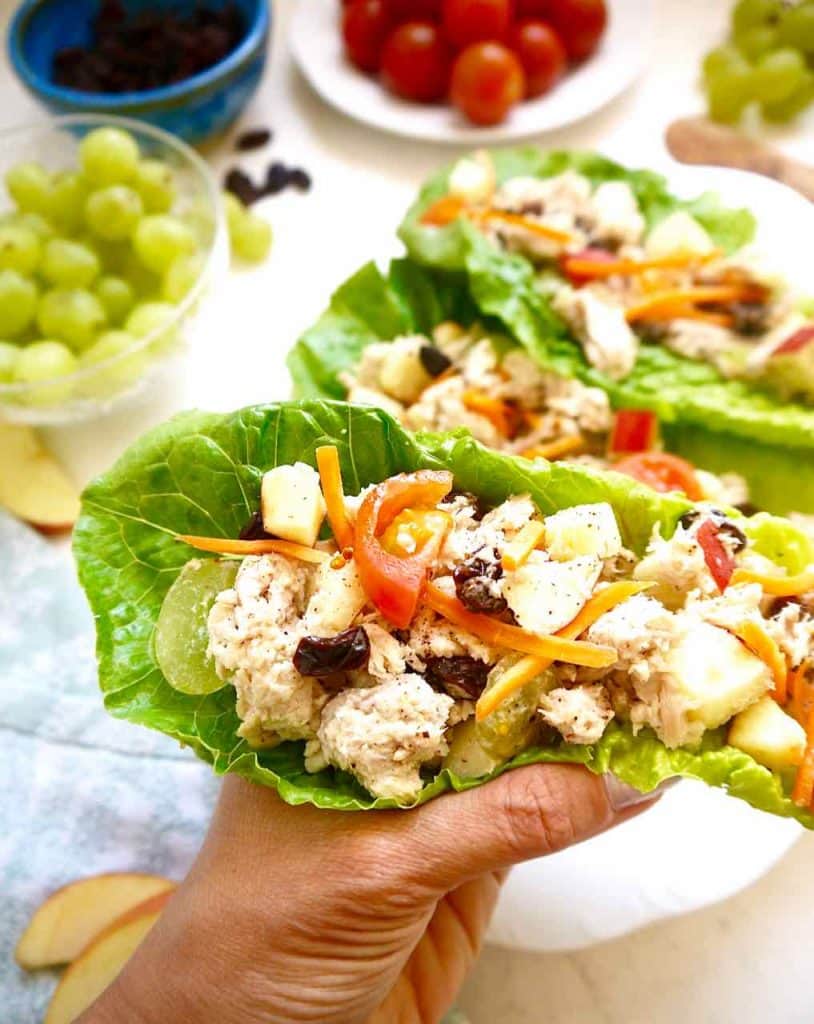 Rotisserie Chicken Salad Wraps with Apples, Raisins and Grapes { Paleo, Whole30} | Perchance to Cook, www.perchancetocook.com