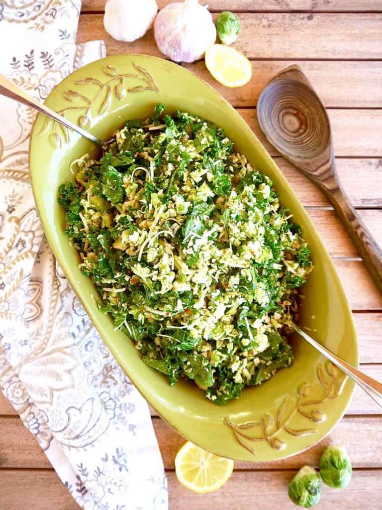 Shredded Brussels Sprouts + Kale Salad with Garlic Caper Dressing | Perchance to Cook, www.perchancetocook.com