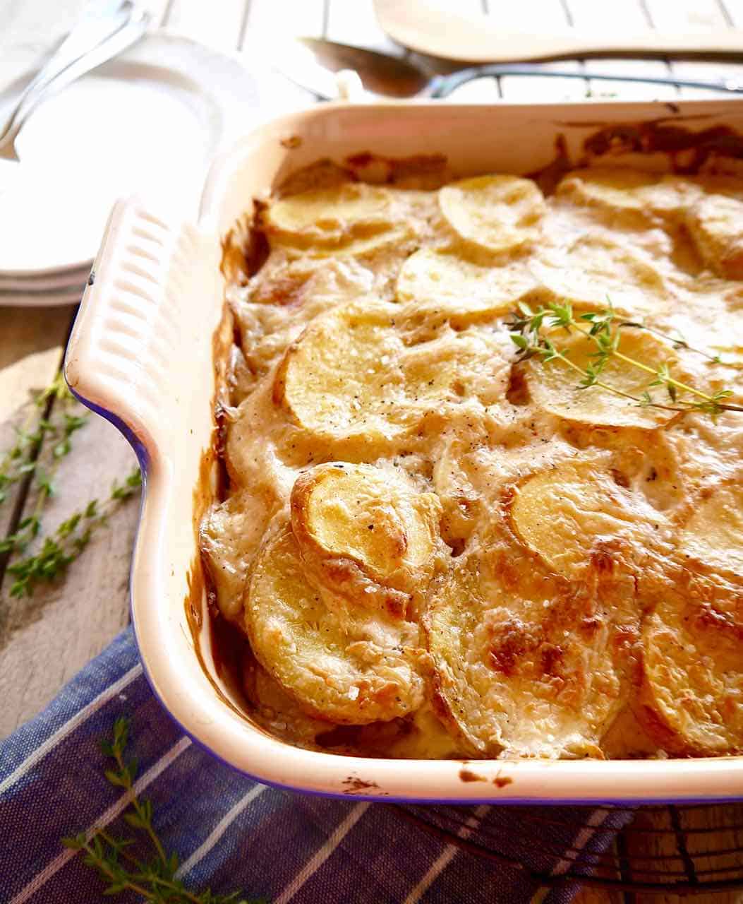 Dairy-free potatoes gratin baked in a dish until crispy.