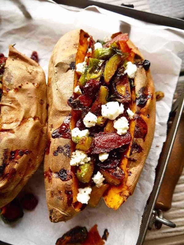 Stuffed sweet potatoes with brussels sprouts, bacon, cranberries and goat cheese.