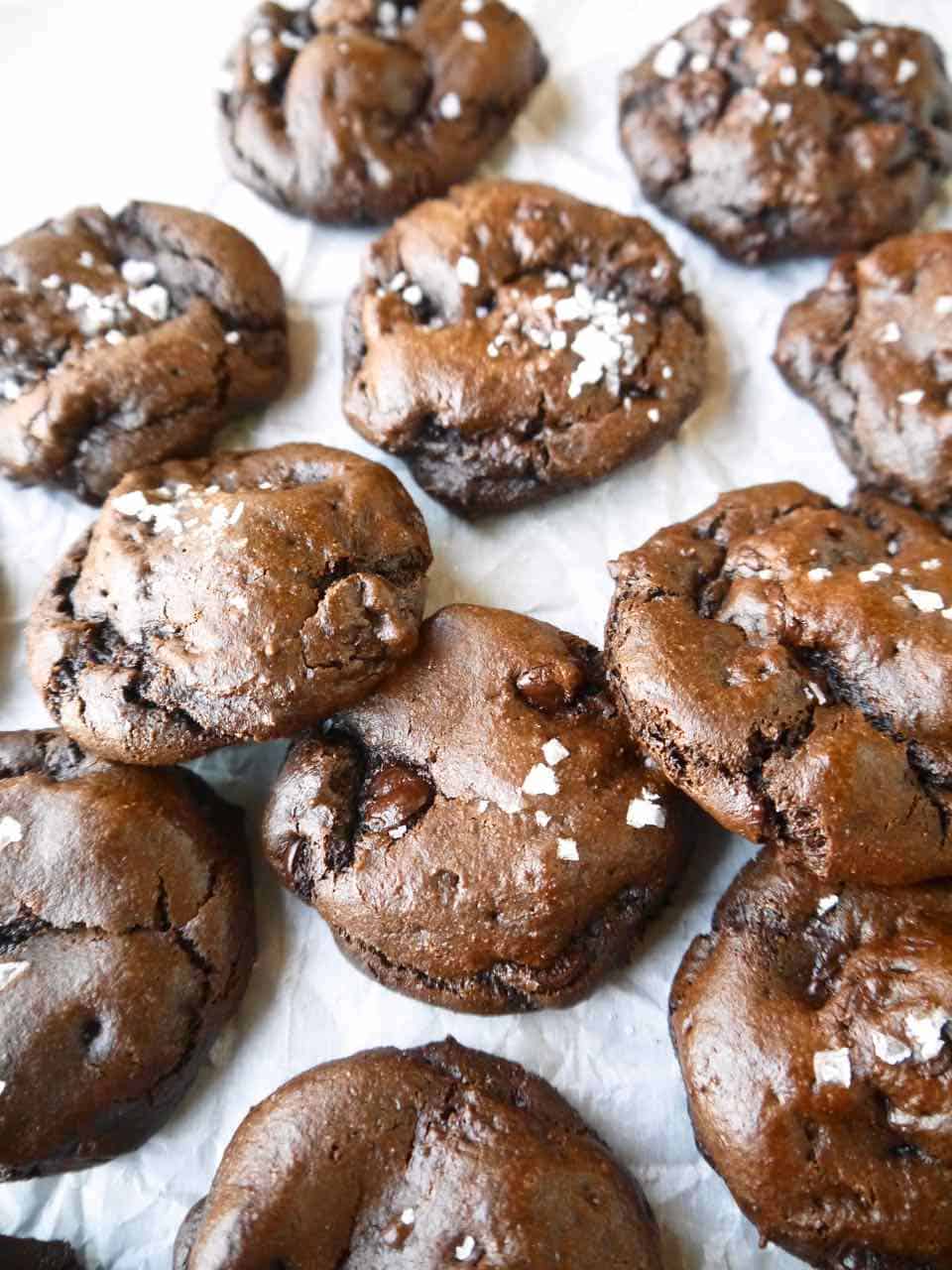 Freshly baked healthy double chocolate chip cookies.
