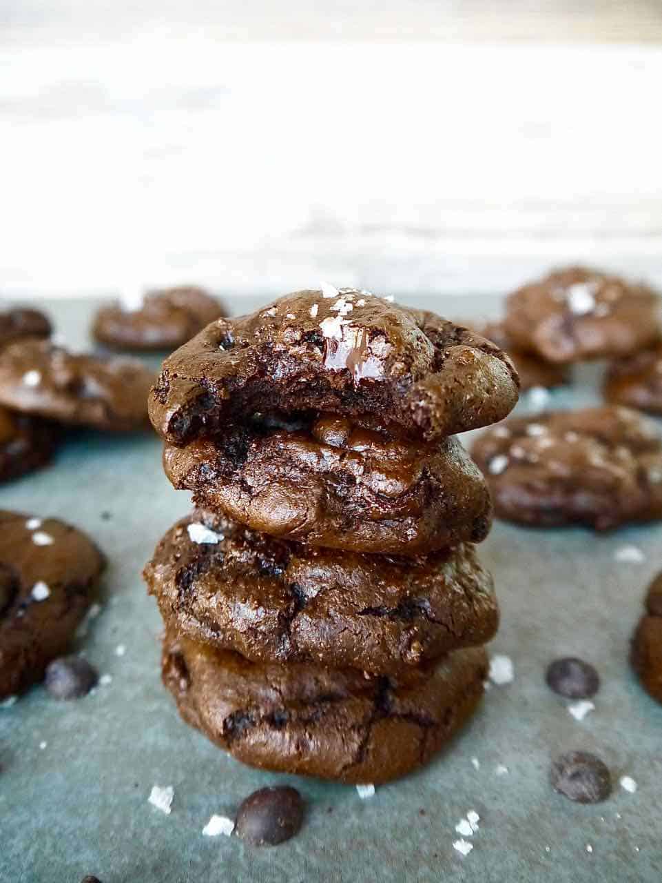 Stack of 4 double chocolate chip cookies on top of each other.