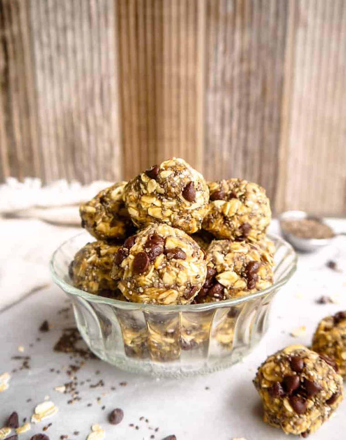 Oatmeal chocolate chip balls in a bowl.